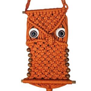 Vintage 1970s Orange Macramé Owl Wall Hanging Retro Wood Beads Boho Fall Autumn